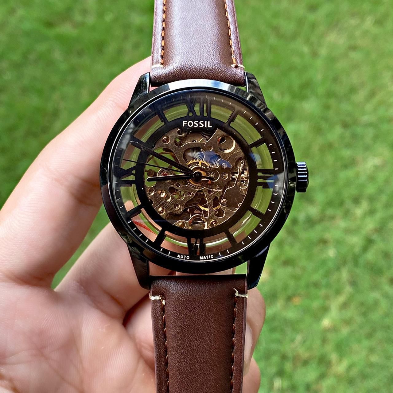 Fossil brown leather belt watch with automatic moment