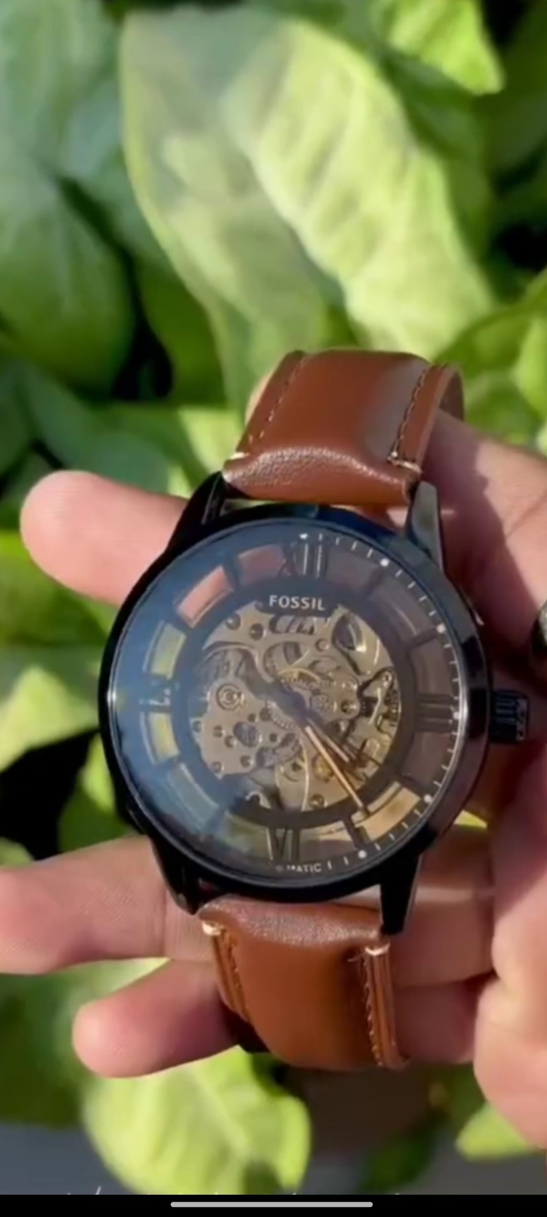 Fossil brown leather belt watch with automatic moment