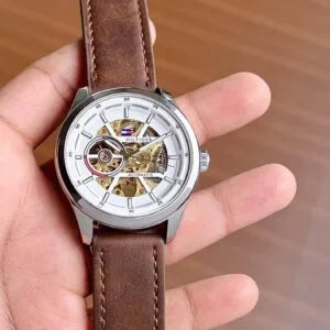 Tommy hilfiger brown white dial open back automatic