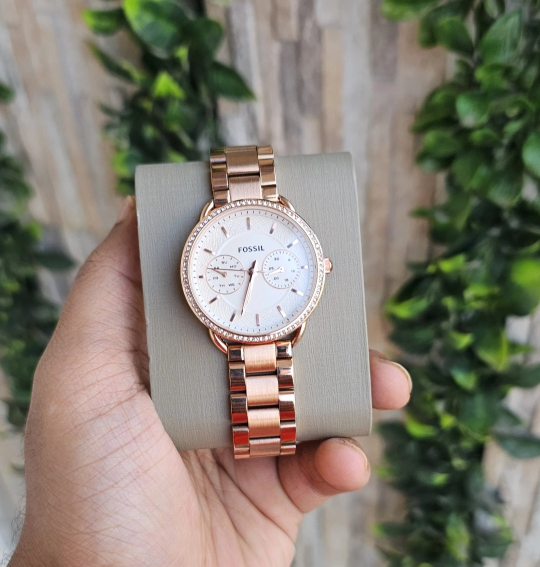 Fossil Chrono Rose Gold White Dial Ladies Watch ll