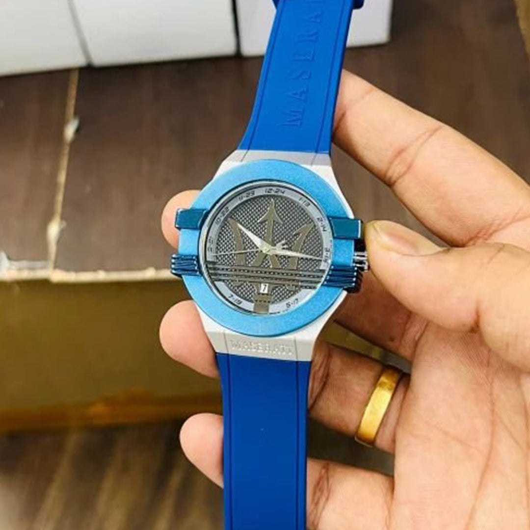 Maserati Blue Silver Leather Watch