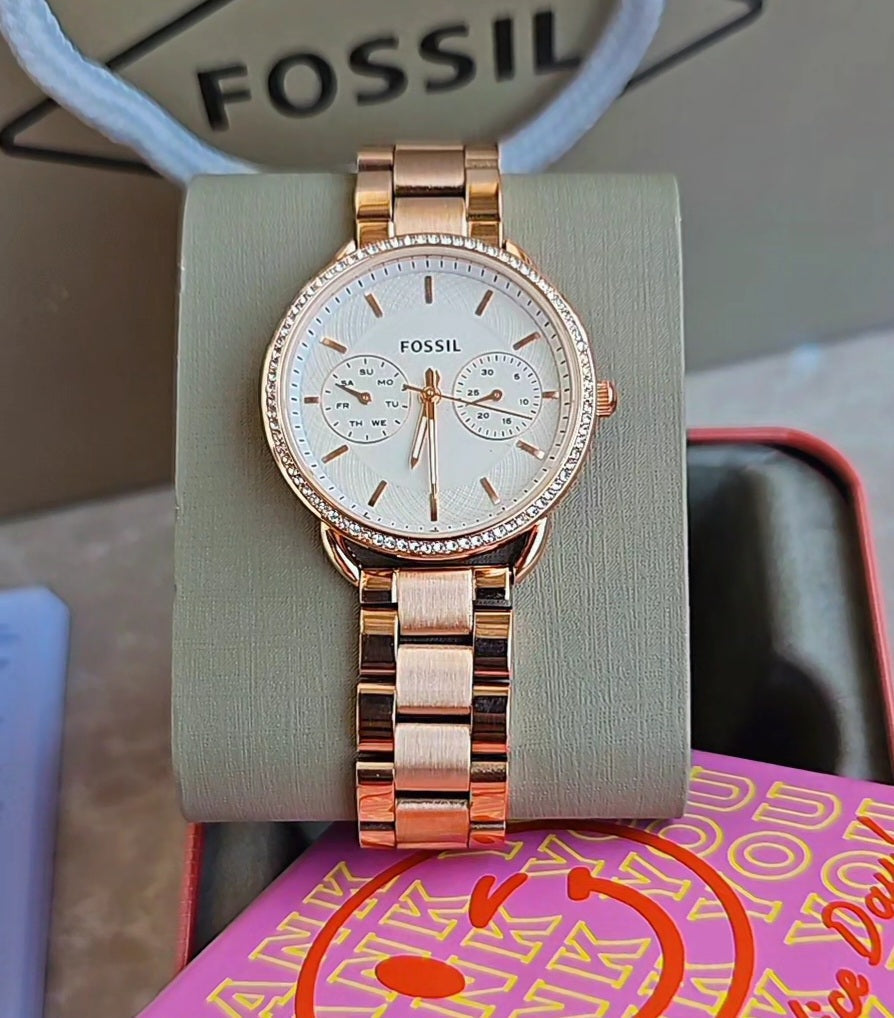 Fossil Chrono Rose Gold White Dial Ladies Watch ll