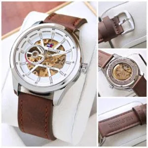 Tommy hilfiger brown white dial open back automatic