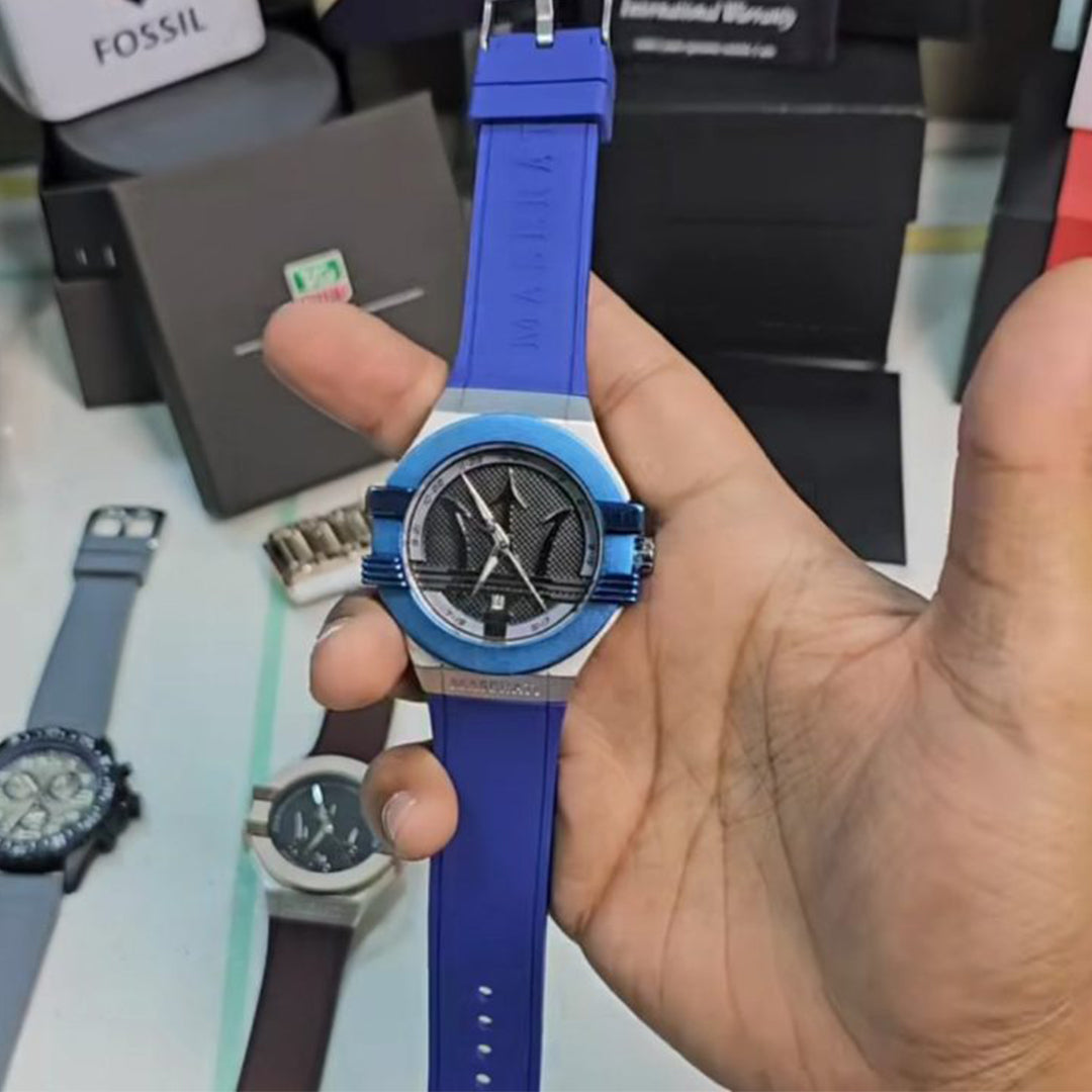 Maserati Blue Silver Leather Watch